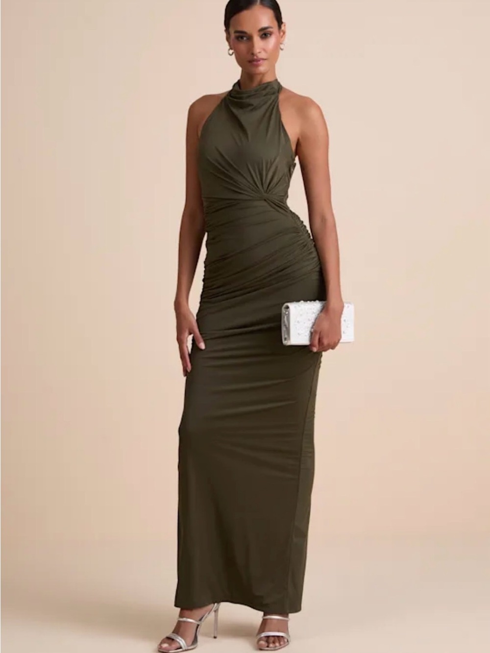 Sleeveless Halter Ruched Maxi Dress in Olive